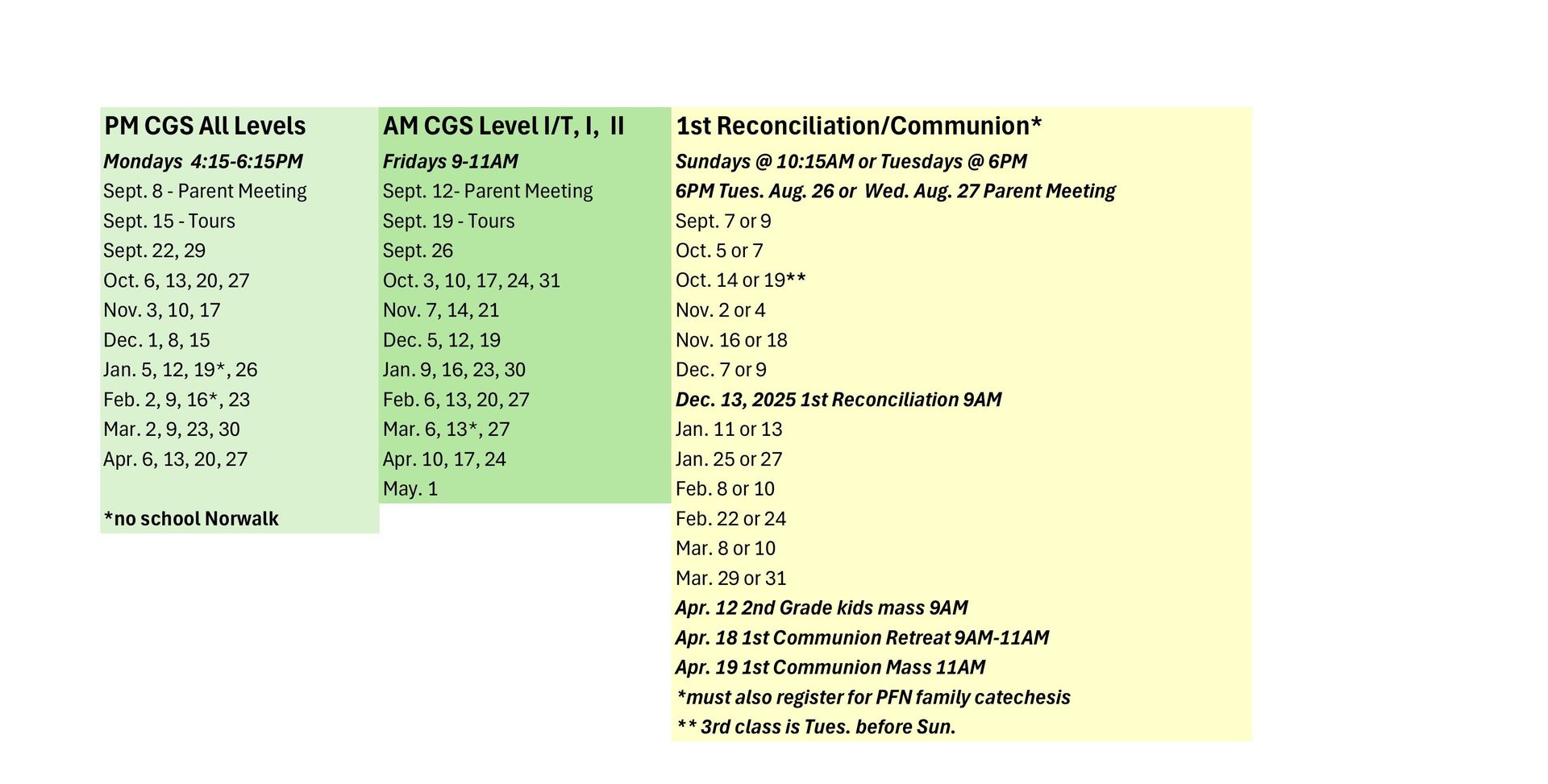 2025/2026 Faith Formation Schedules