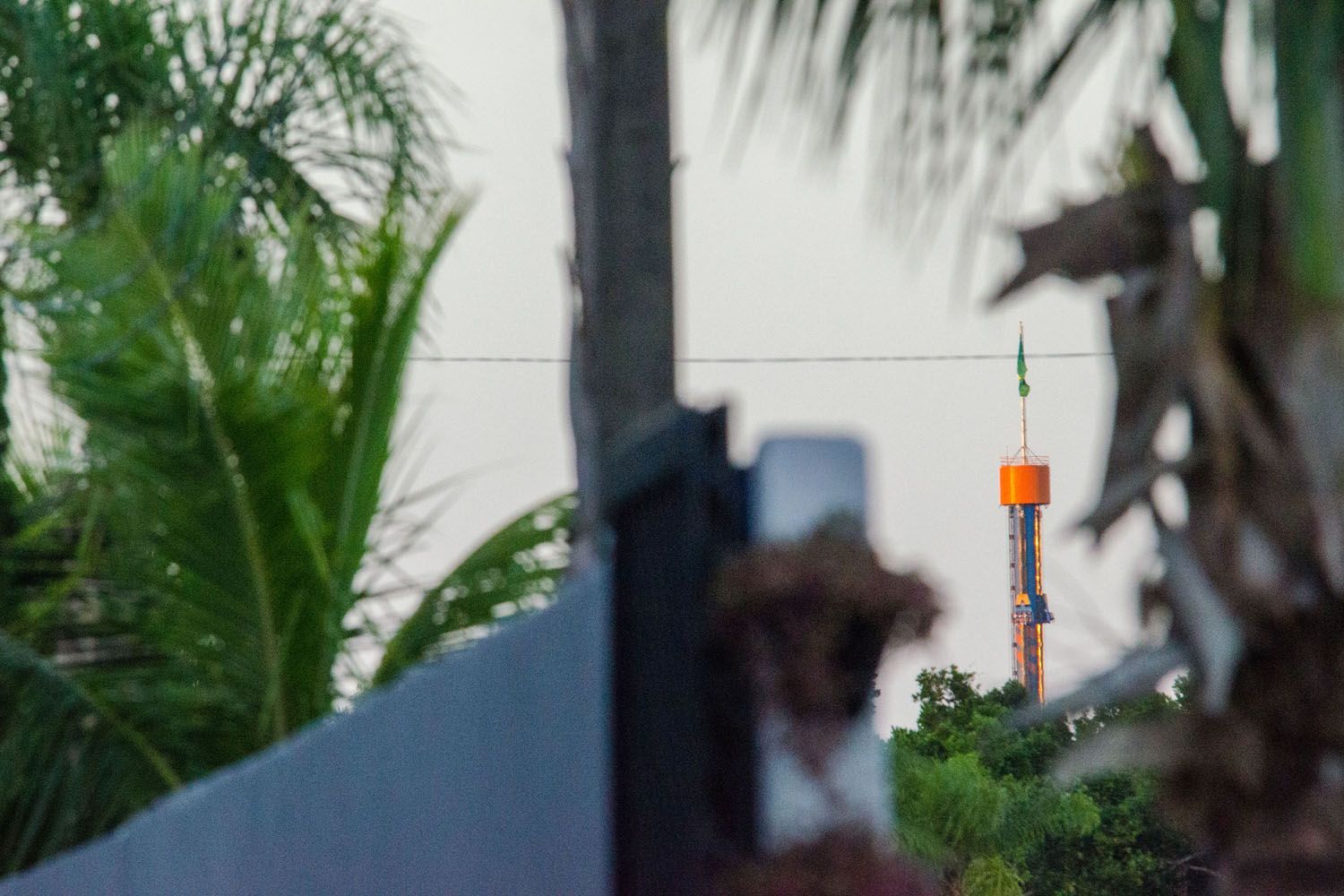 Uma cerca com uma torre ao fundo e palmeiras em primeiro plano.