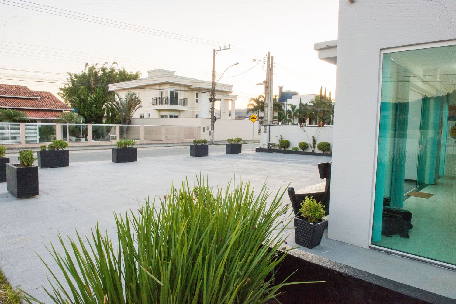 Um prédio branco com muitas plantas em vasos na frente