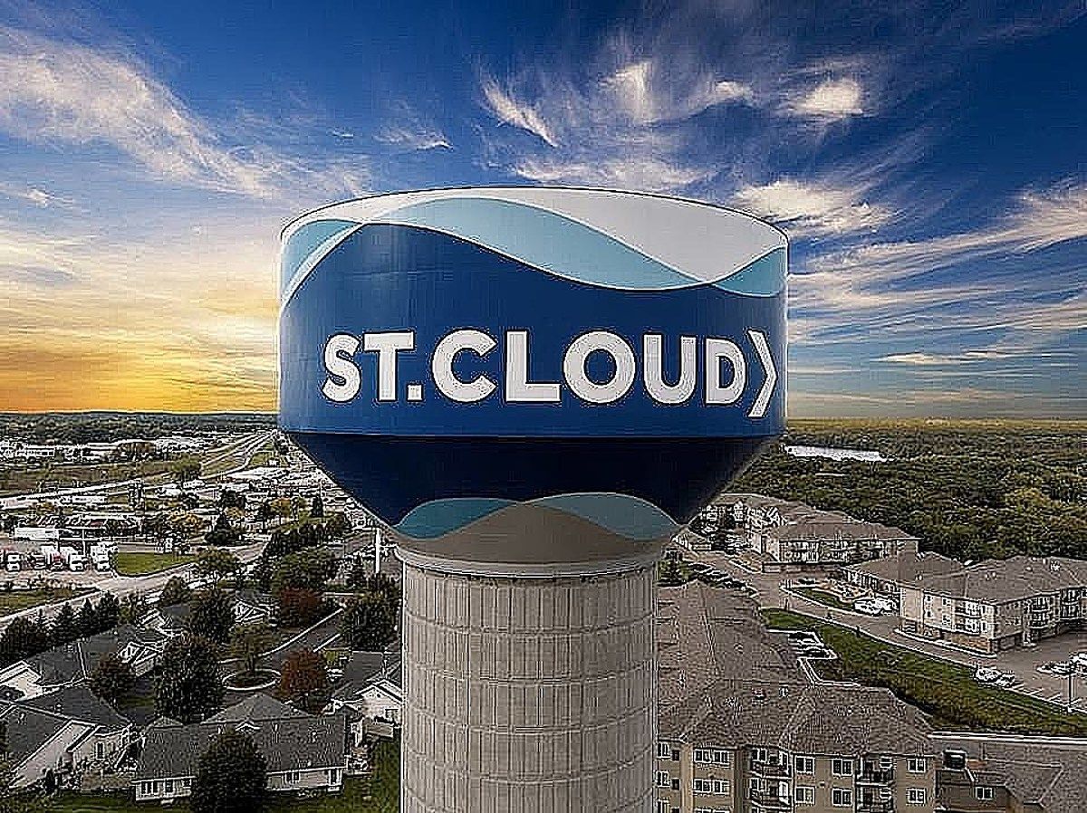 An aerial view of a water tower in st. cloud.