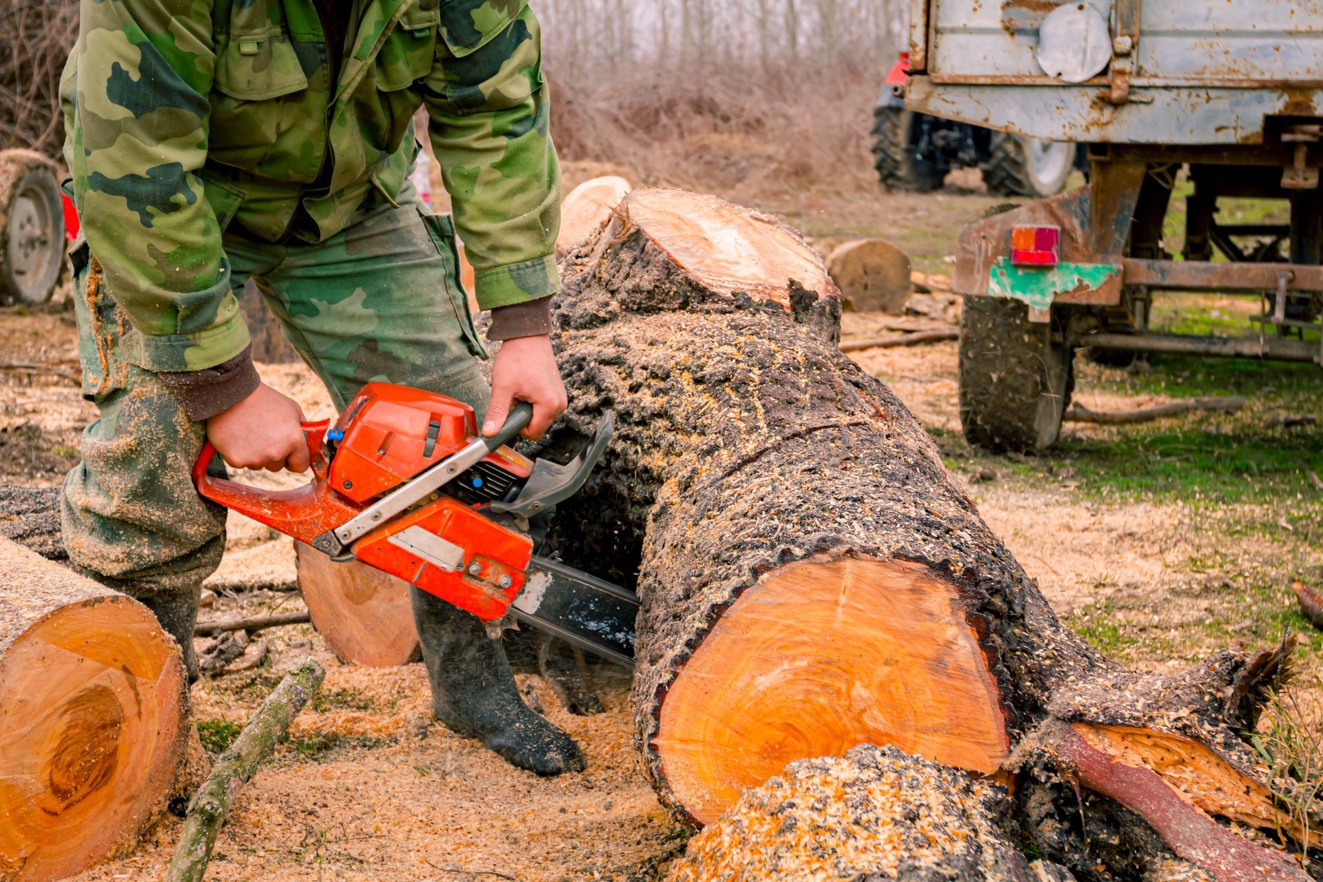 Person in camouflage jacket using a chainsaw to cut a large log outdoors.
