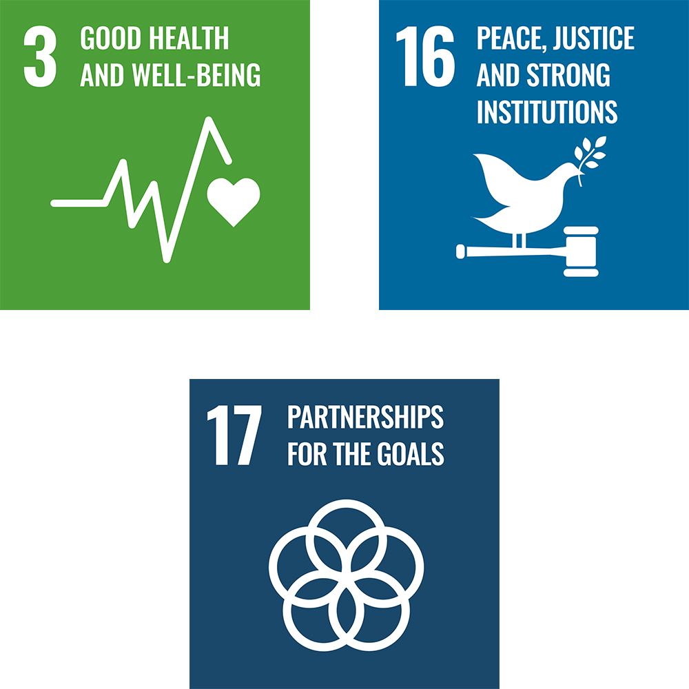 3, 16 and 17 Goals Symbols 3 Good health and well-being symbol, 16 Peace, justice and strong institutions symbol, 17 Partnerships for the goals symbol