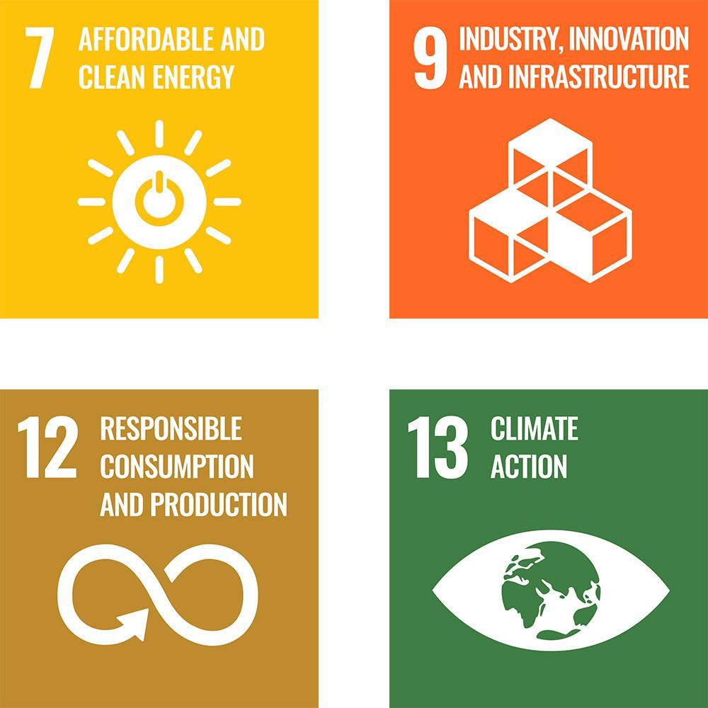7, 9, 13 and 12 Goals Symbols 7 Affordable and Clean Energy symbol, 9 Industry, innovation and infrastructure symbol, 12 Responsible Consumption and Production, 13 Climate Action symbo,