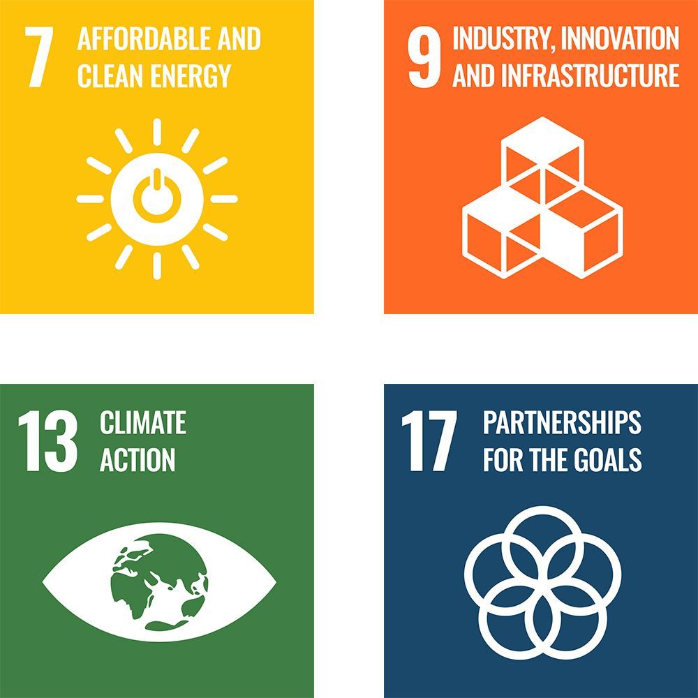 7, 9, 13 and 17 Goals Symbols 7 Affordable and Clean Energy symbol, 9 Industry, innovation and infrastructure symbol, 13 Climate Action symbol, 17 Partnerships for the goals symbol