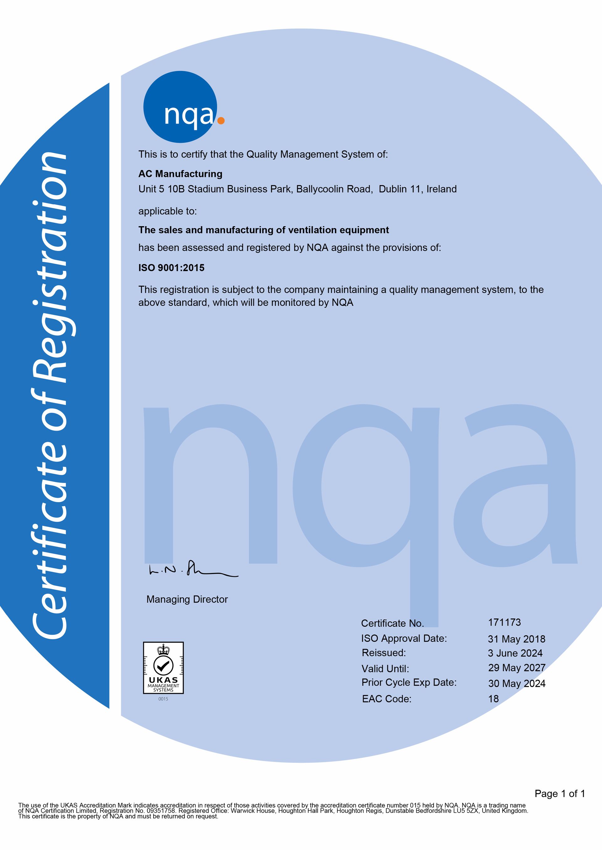 ISO 9001 A.C. Manufacturing certificate