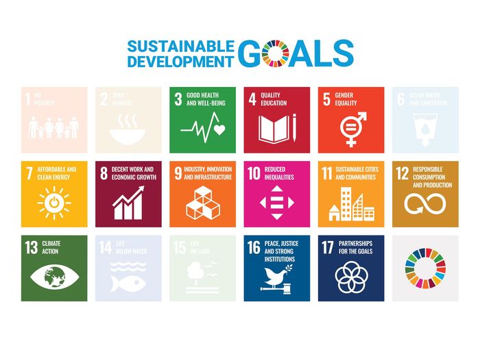 Sustainable Development Goals logo above all the symbols with the symbols for 1, 2. 6, 14 and 15 faded