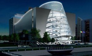 An outside night view of the National Conference Centre Dublin