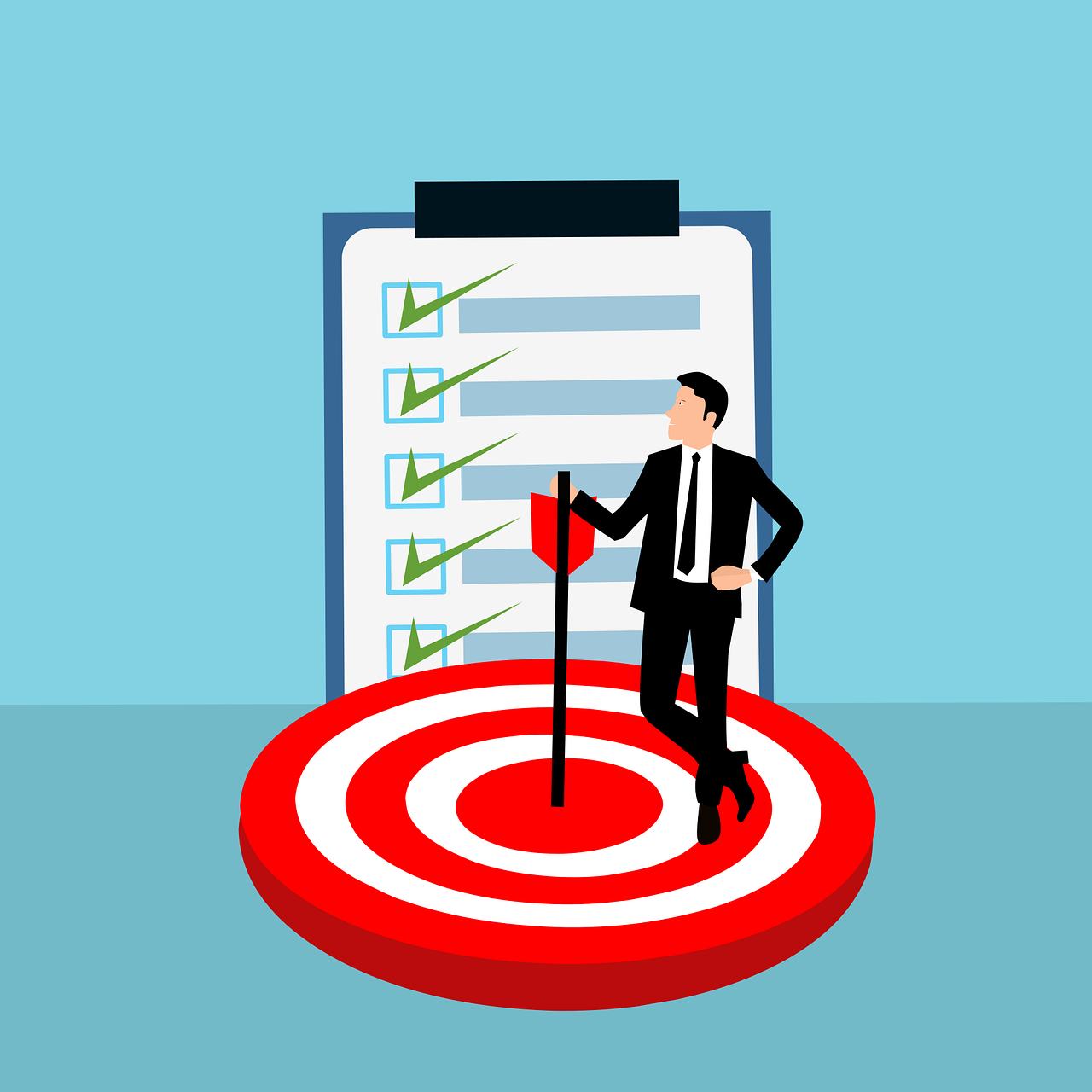 man on target animated man standing on target with a checklist board behind