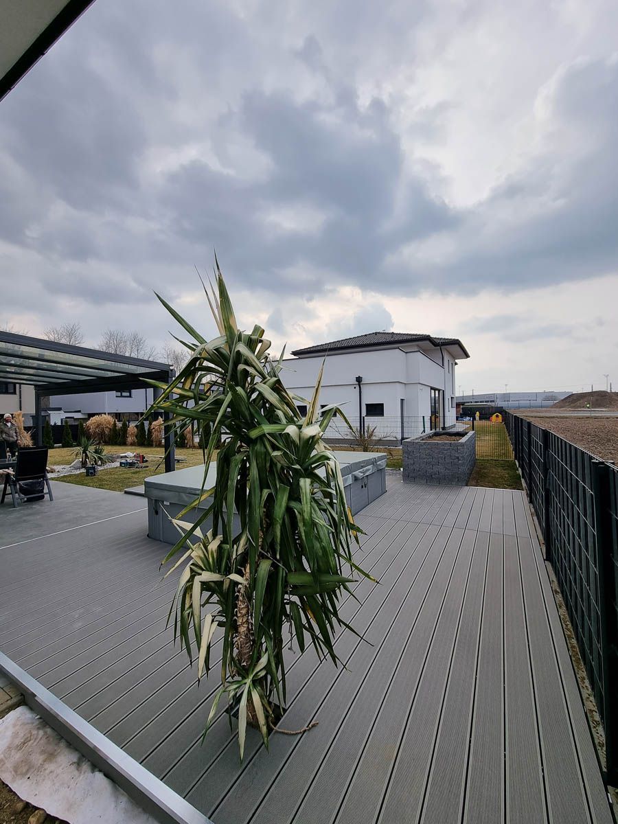 Außenszene mit grauem Deck, großer Pflanze, modernem Haus und bewölktem Himmel.