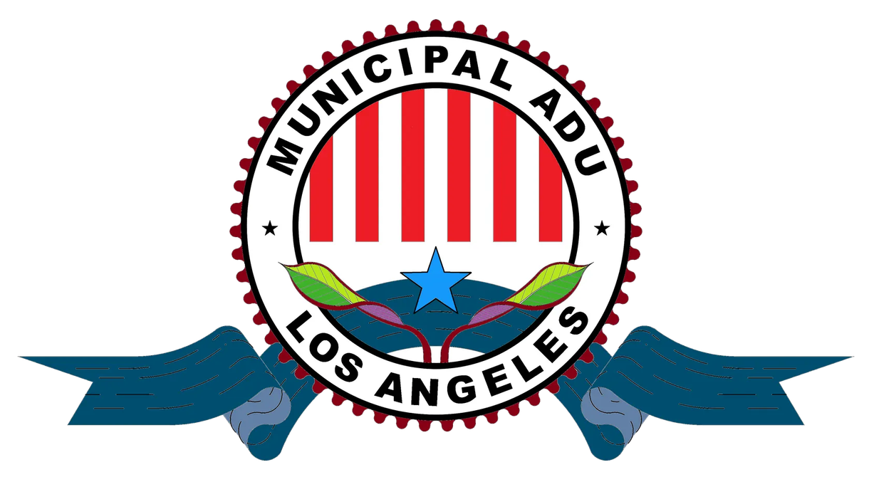 Logo for Los Angeles Municipal ADU program: red and white stripes, blue star, banner.