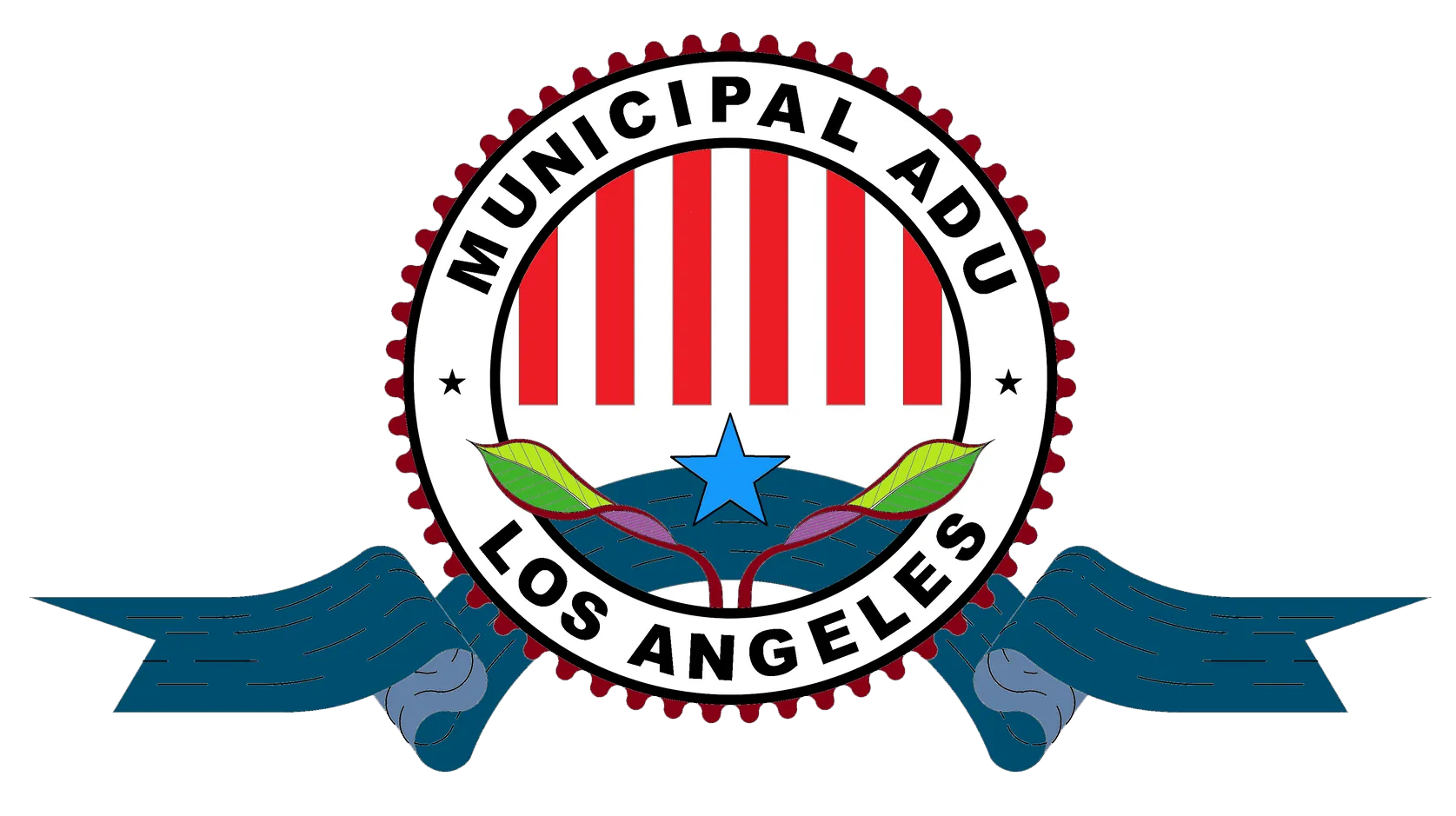 Logo for Los Angeles Municipal ADU program: red and white stripes, blue star, banner.