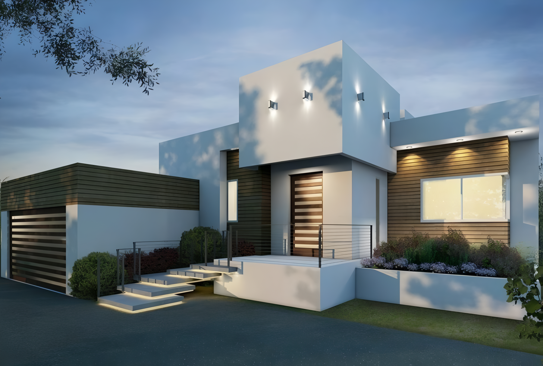 Modern white house with a garage and steps leading to the front door.