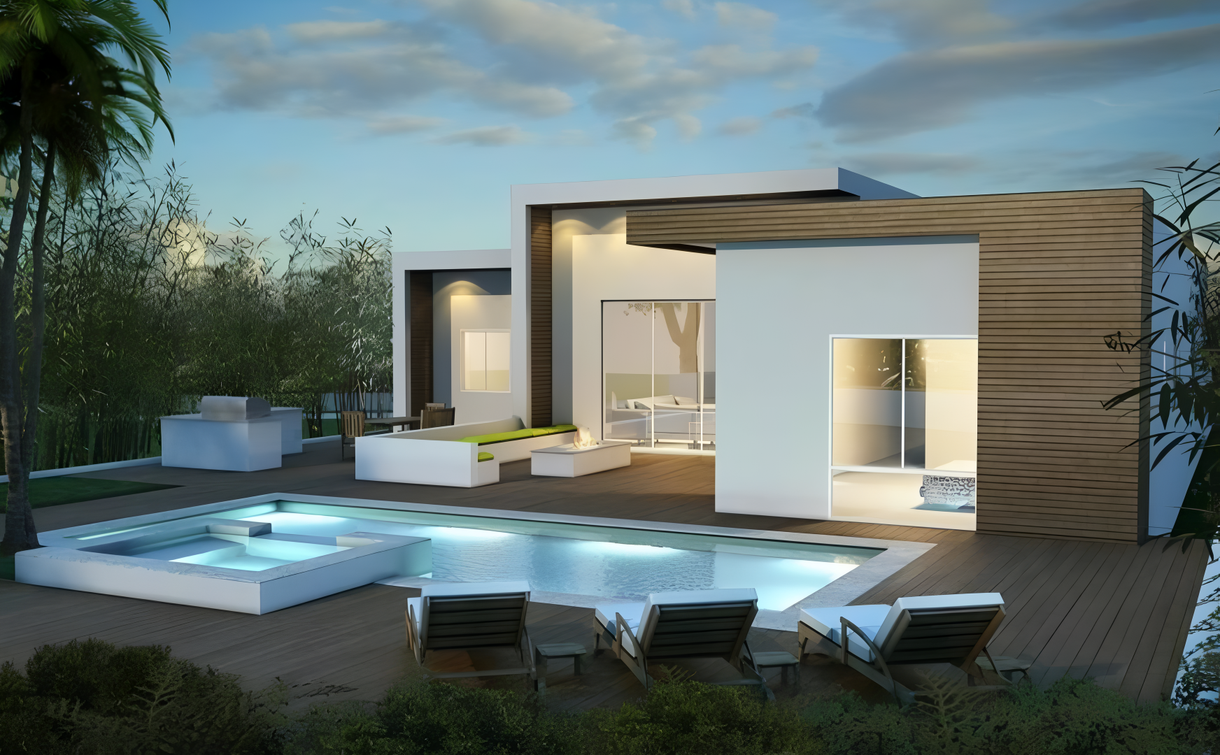 Modern home with pool and deck at dusk. White walls, wood accents, lounge chairs, and palm tree.