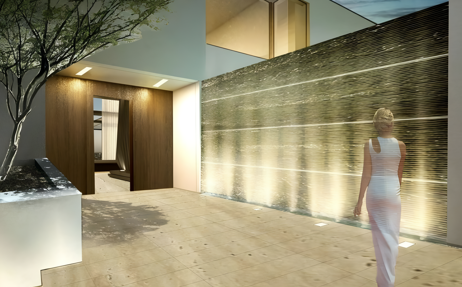 Woman walks toward wooden doorway, past a water feature on textured wall. Exterior setting, bright.