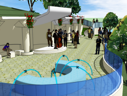 A rendering of an outdoor event: a band plays, people watch, and a fountain arcs blue water.