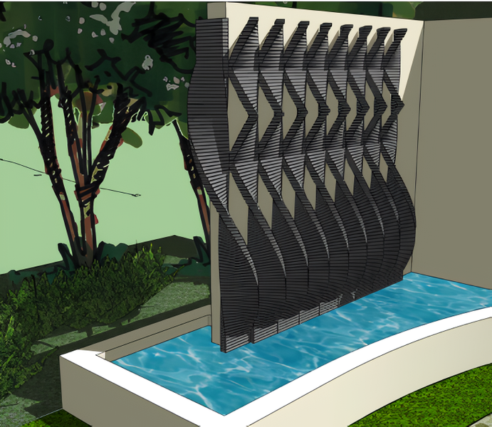Architectural rendering of a decorative water wall feature. Black patterned wall over blue water; beige walls.