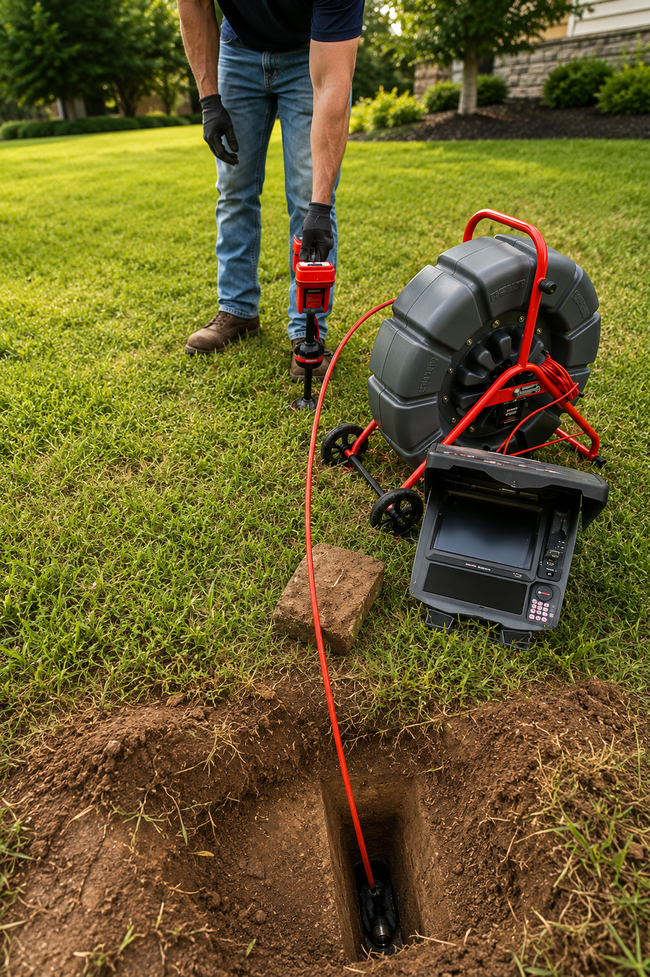 Person using a red drill to bore a hole in a lawn near a cable spool and exposed ground.
