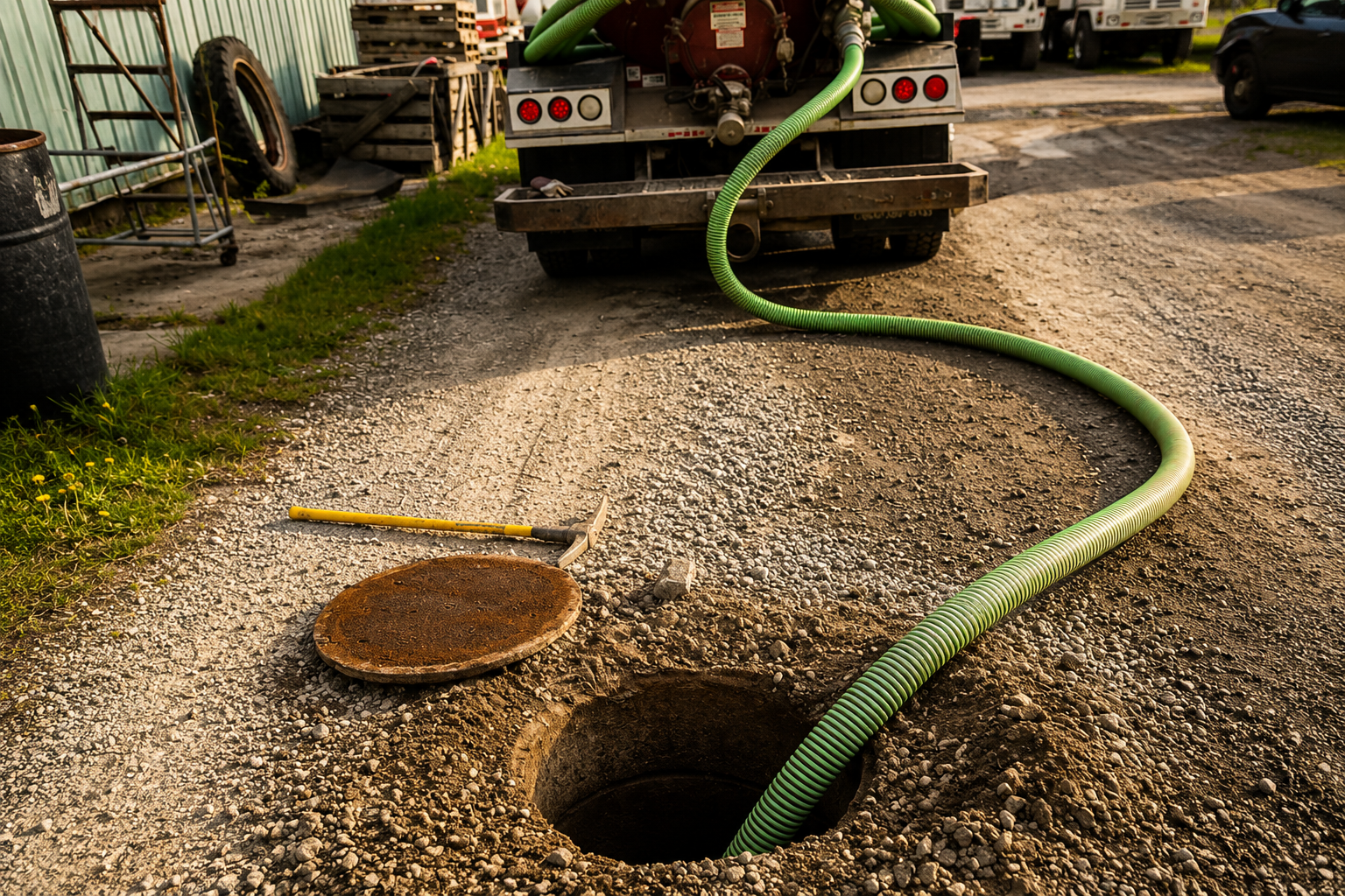 Green hose feeds water into an open manhole beside a utility truck on a gravel street
