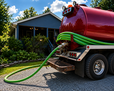 Red vacuum truck pumping a green hose beside a house driveway.
