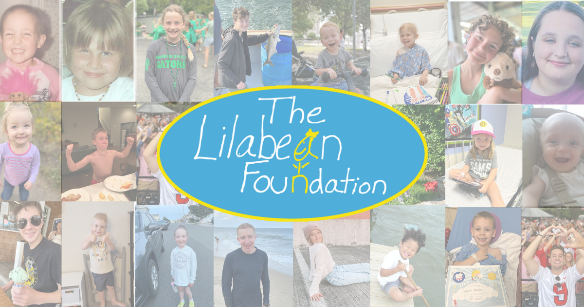 Collage of LBF Heroes surrounding a blue oval logo for The Lilabean Foundation text logo in middle