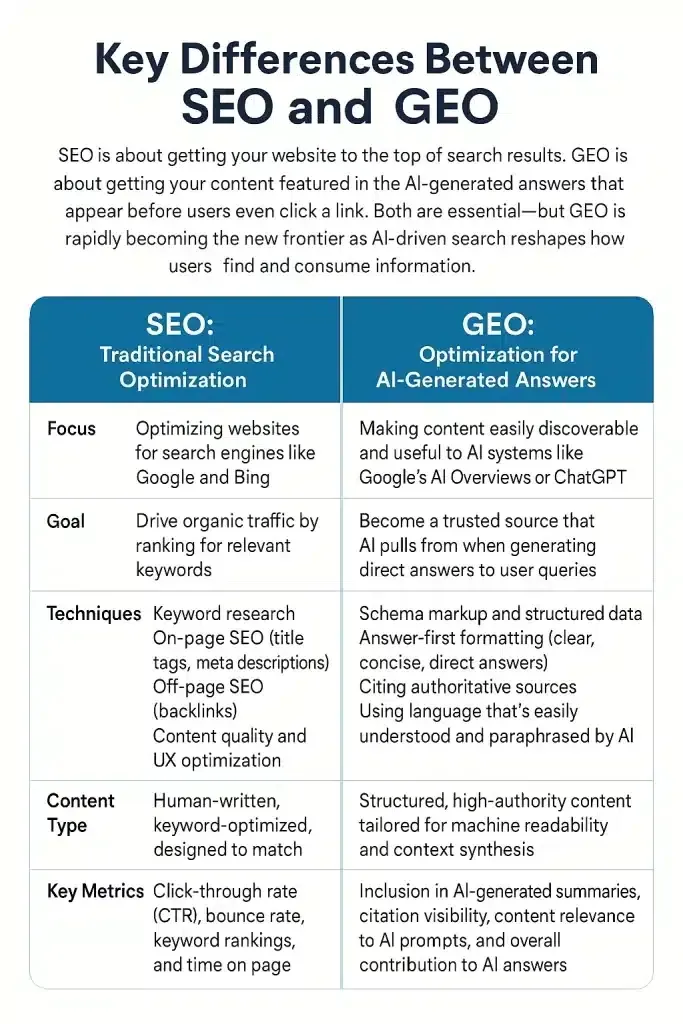 Infographic comparing SEO and GEO strategies. SEO focuses on ranking for keywords, GEO on AI-generated answers.