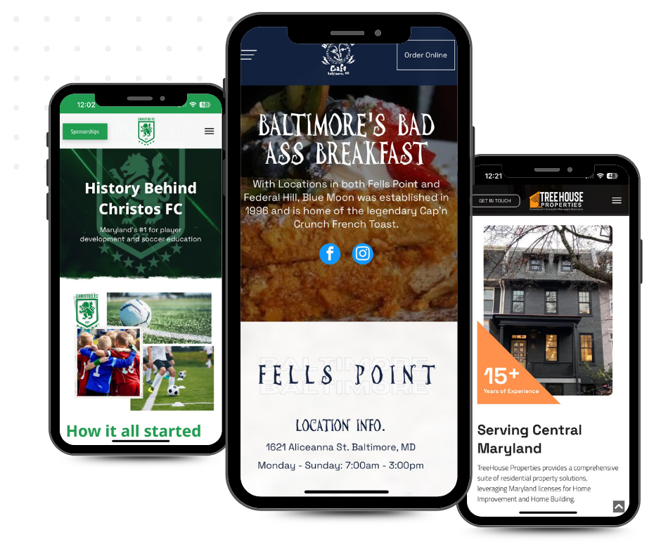 Three mobile phones displaying different websites: Christos FC history, Baltimore restaurant, and real estate services.