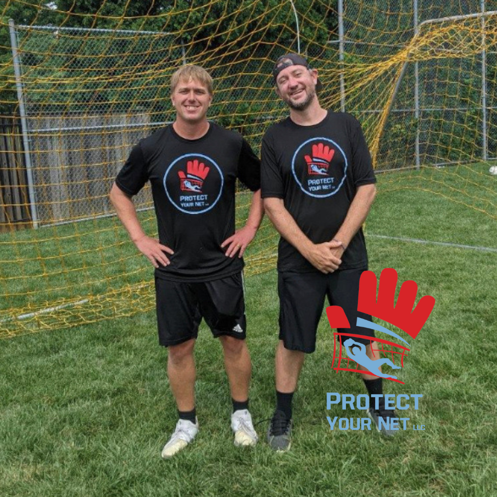 Owners Mike & Zack on the soccer field with PYN logo