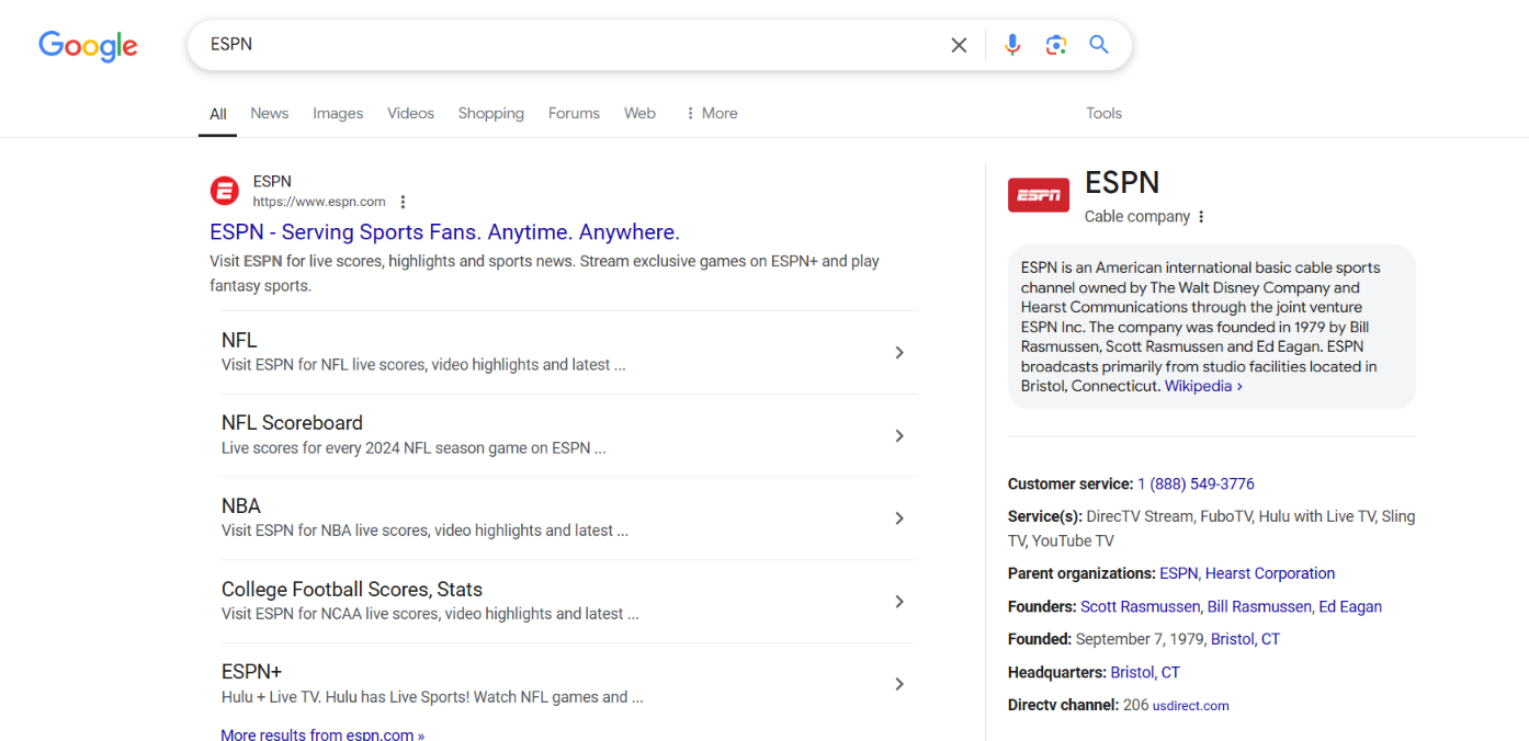 A screenshot of a google search for espn