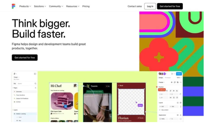 Figma website screenshot that says think bigger build faster and displays vibrant colors