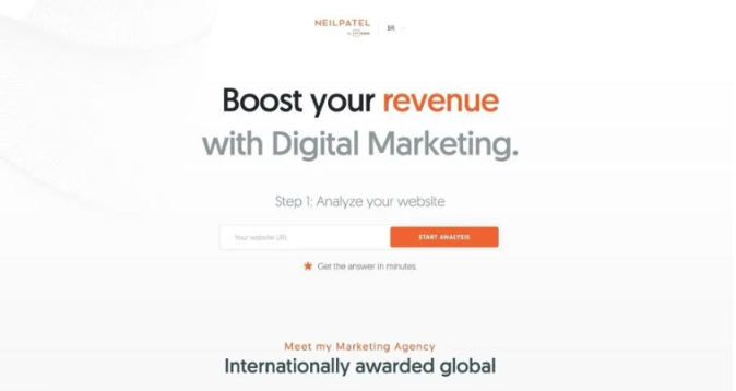 Neil Patel website homepage that says boost your revenue with digital marketing