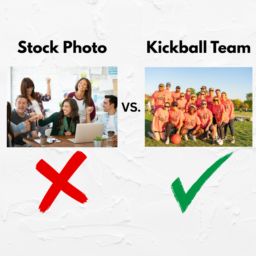 Comparison: a stock photo of a business team vs. a kickball team; the kickball team has a green chec