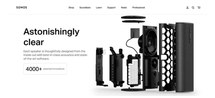 A screenshot of a Sonos website homepage showing the inside of a speaker.