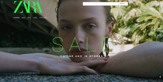 Zara homepage screenshot with a woman in a pool leaning on the edge