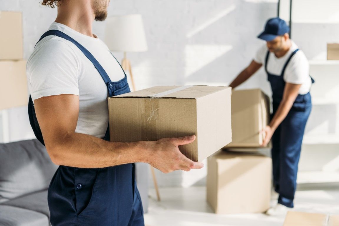 Two movers in blue overalls carrying cardboard boxes in a bright room.