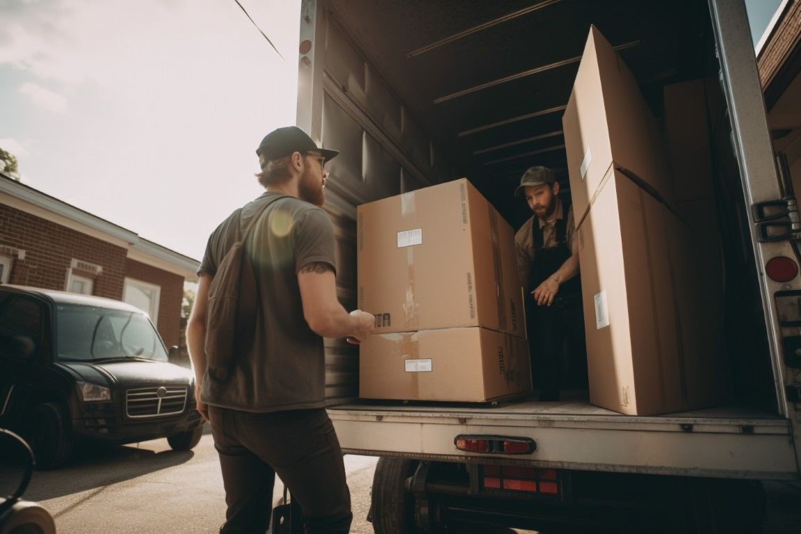 Two movers loading boxes into a truck outdoors. One holds boxes, the other inside the truck.
