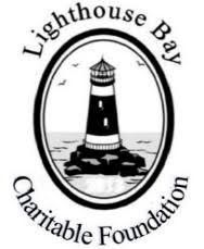 Lighthouse Bay Charitable Foundation logo: black and white lighthouse on rocky island, oval frame.