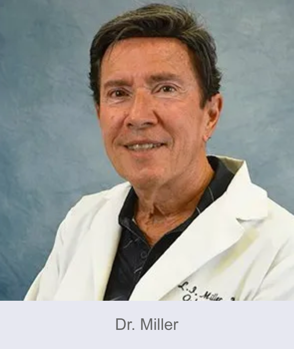 Dr. Miller in a white coat, smiling, against a blue backdrop.