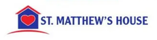 Logo for St. Matthew's House: A blue house with a red heart and the name written in dark blue.