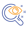 Magnifying glass with an eye, blue and gold colors, indicating observation or analysis.