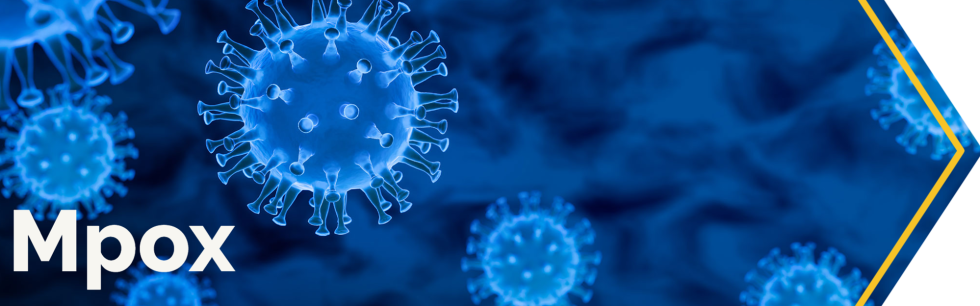 Mpox graphic with blue virus illustrations. White text on left: 