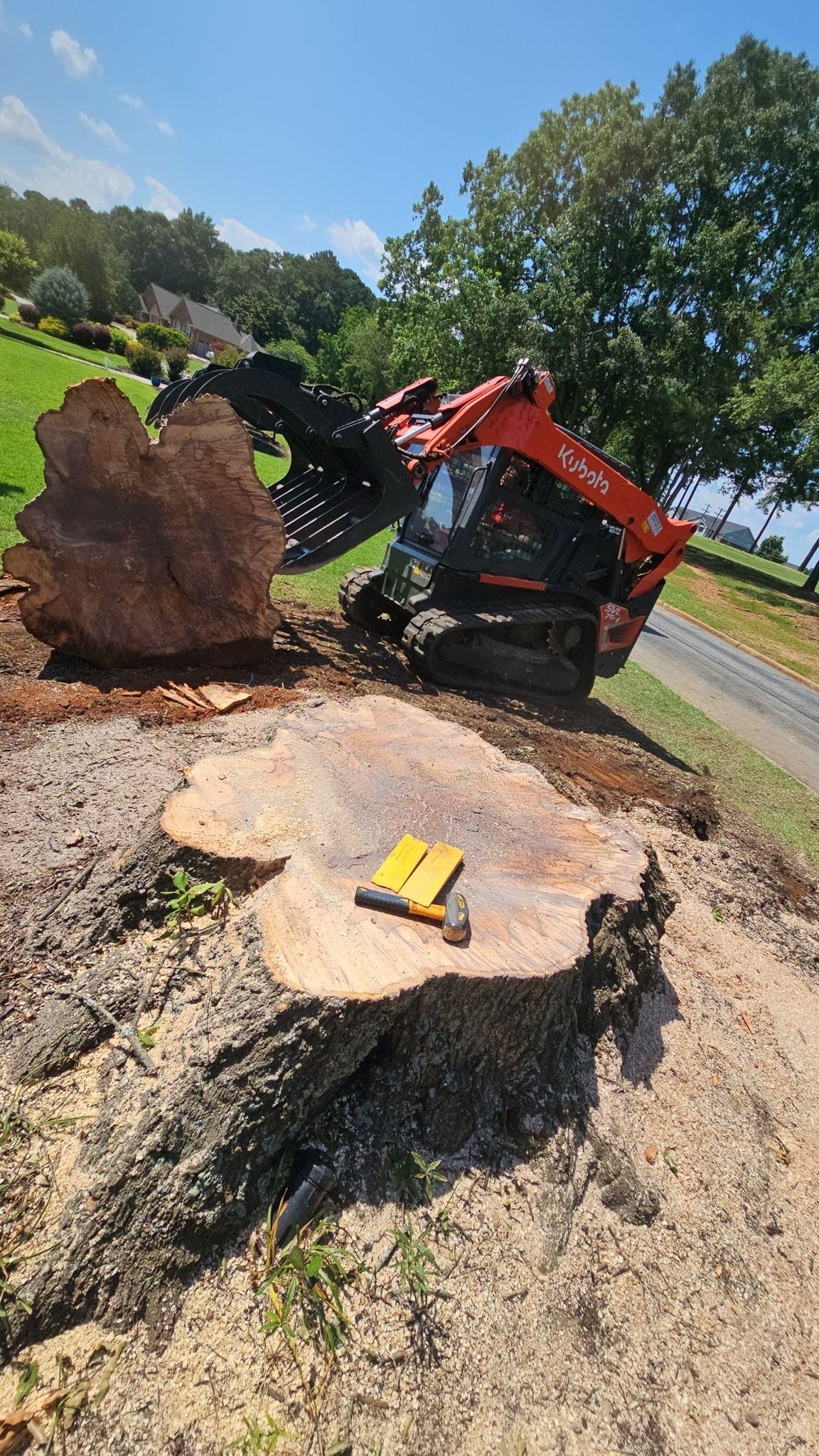 Orange skid steer removing a tree stump.  A yellow level sits on the stump.