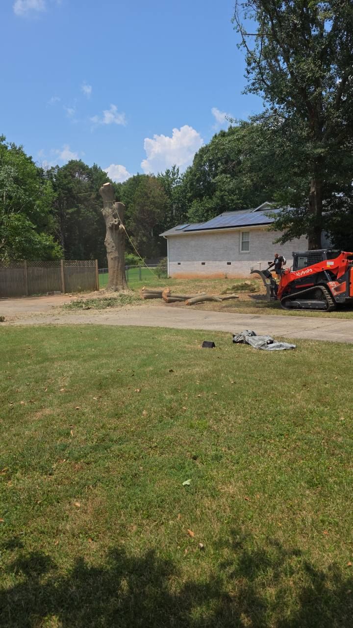 A tree stump with a small construction vehicle near a house and green lawn under a partly cloudy sky.
