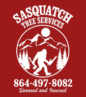 Sasquatch Tree Services logo: Silhouette of a Bigfoot holding a chainsaw in a forest, mountains, and sun, with phone number.