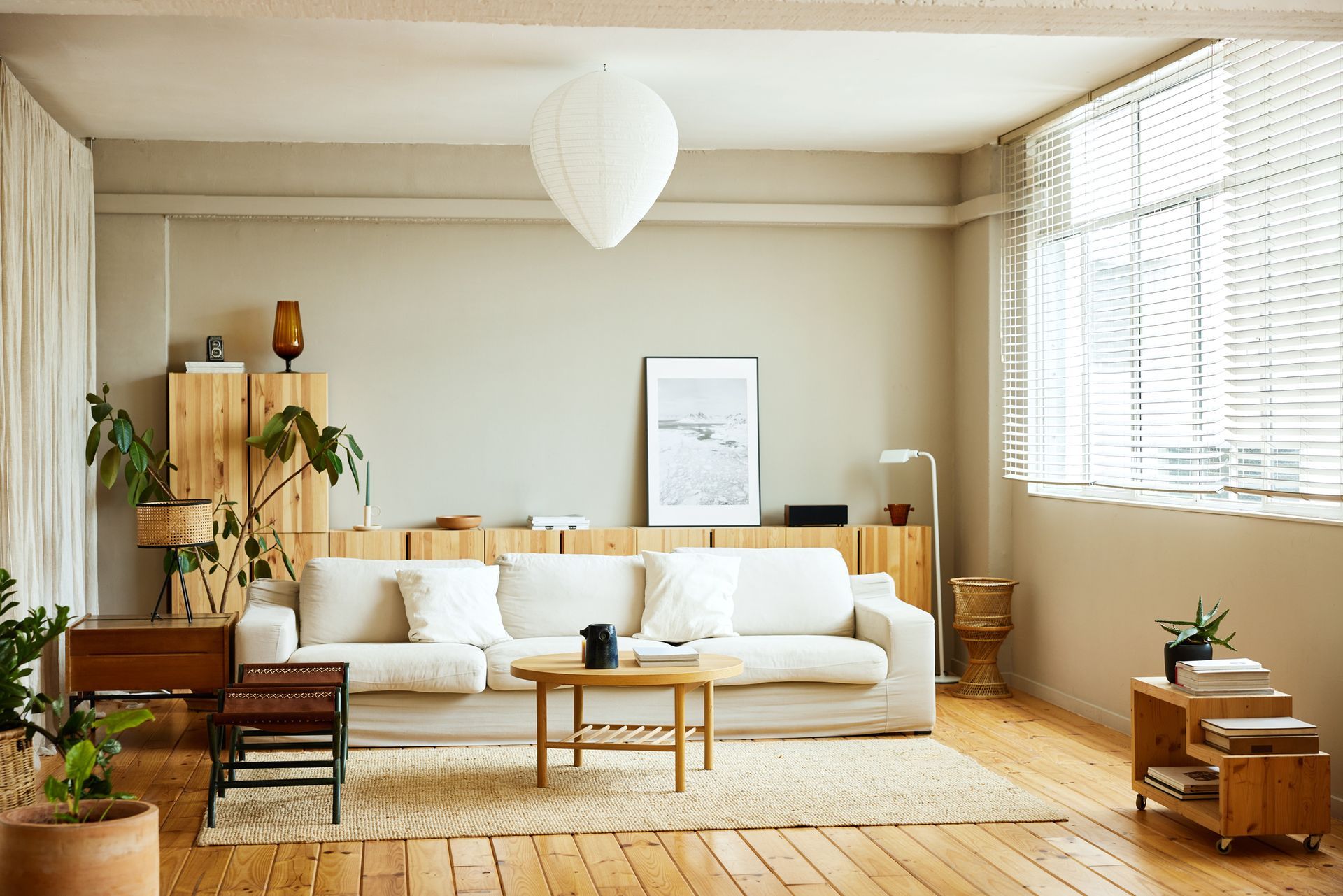 Neutral beige living room boho chic