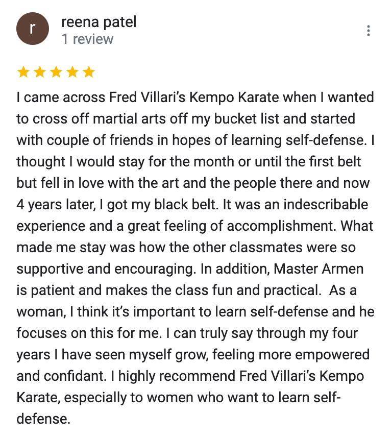 A review of a person 's experience at fred villani 's kempo karate.