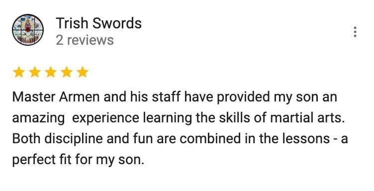 A google review for trish swords martial arts has two stars.