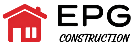 Red house icon and black text