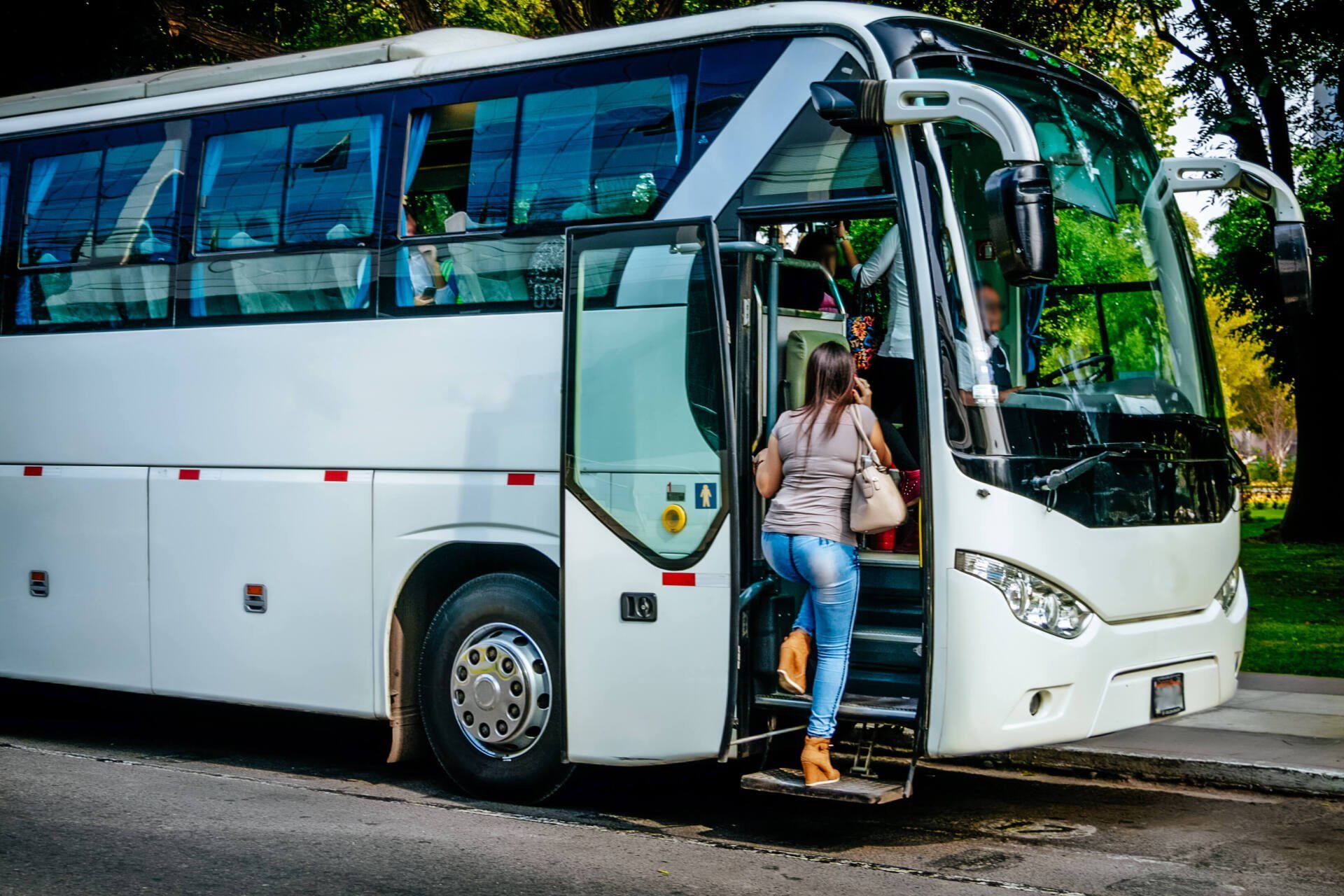 lady entering a commercial bus