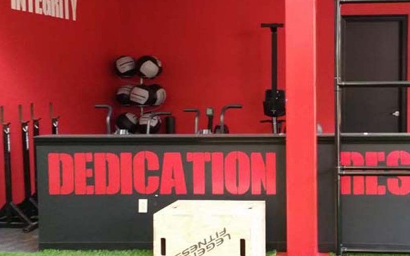 Red gym with equipment;