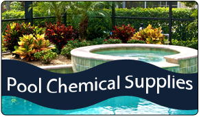 A sign for pool chemical supplies with a picture of a swimming pool